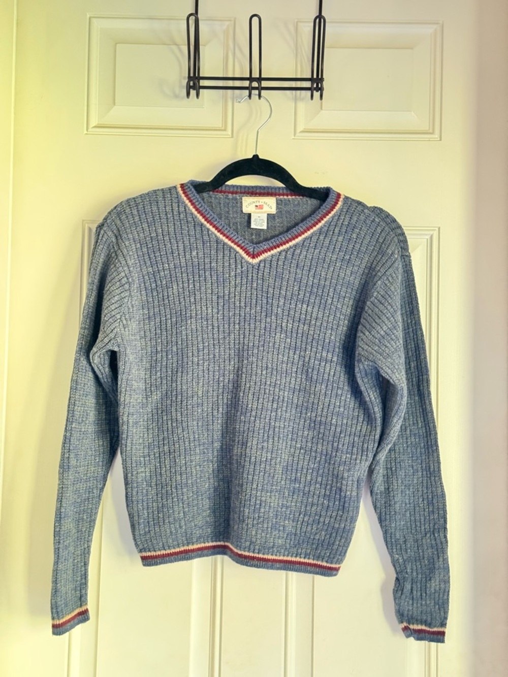 County Seat Blue V-Neck Ribbed Sweater with Contrast Trim